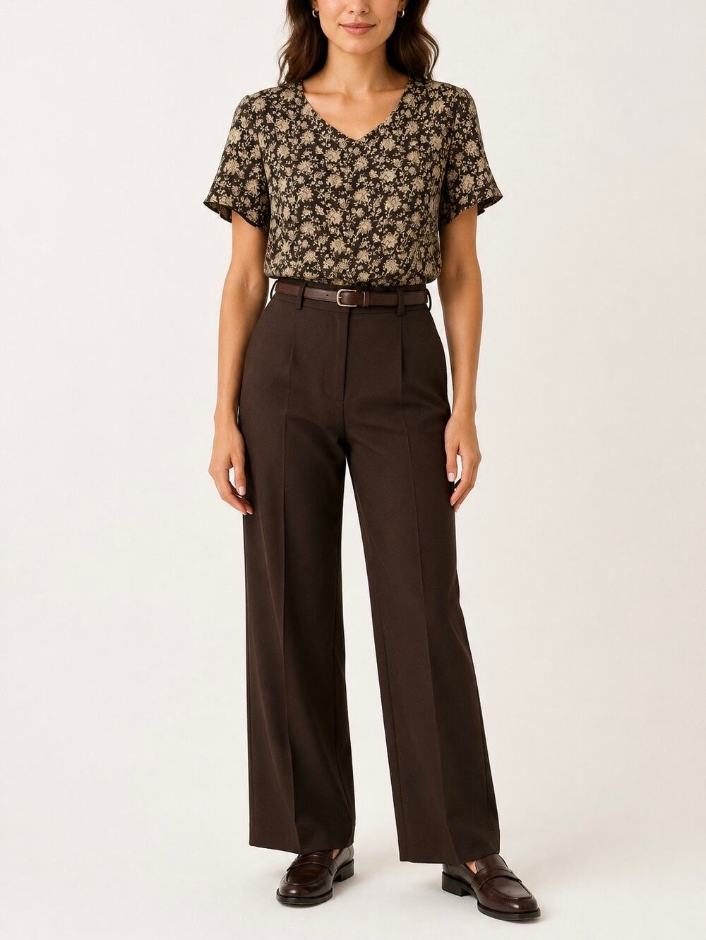 Vintage Talbots Pure Silk Blouse 8 Brown Floral V Neck Side Zip 90s Korea